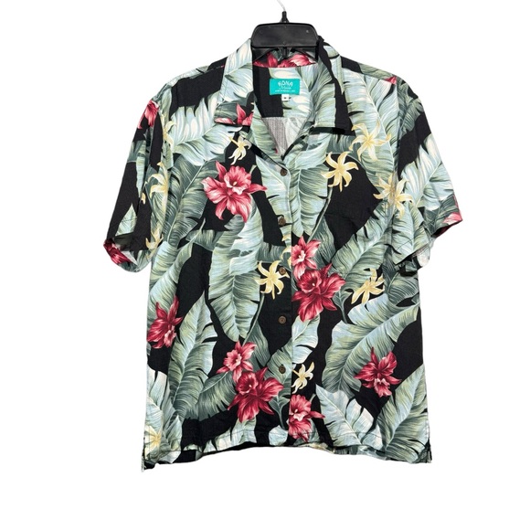 Kona Malia Button Up Shirt Men M Black Green Floral Hawaiian Casual Vacation USA - Picture 1 of 11